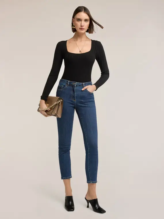 Maglia a coste con scollo quadrato Donna, Nero miniatura 3