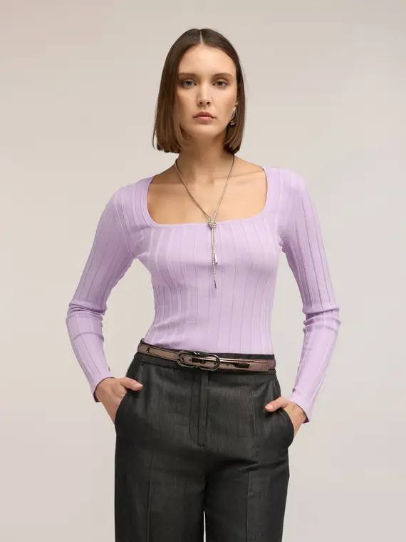 Maglia a coste con scollo quadrato Donna, Viola miniatura 3