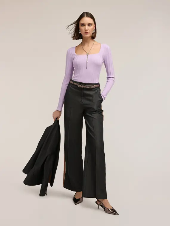 Maglia a coste con scollo quadrato Donna, Viola