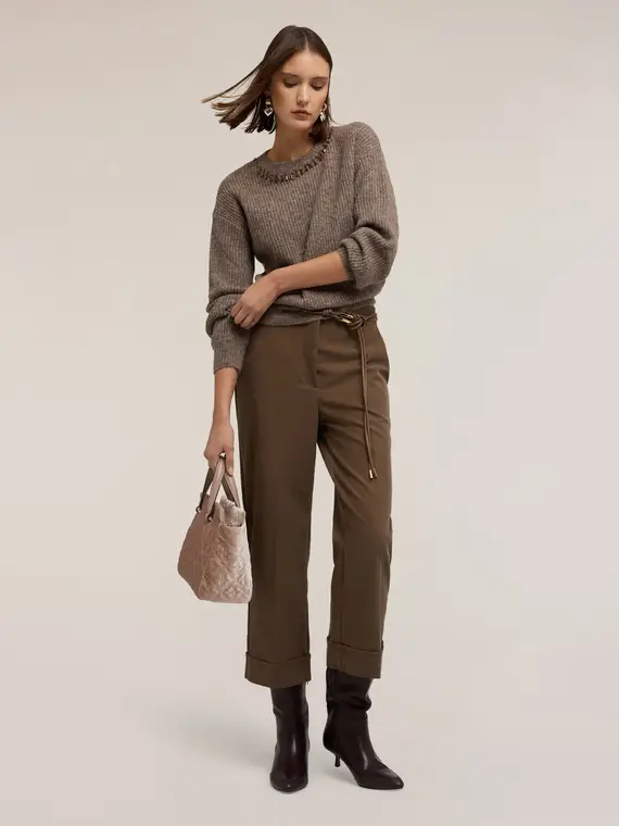 Maglia a coste misto lana con pietre Donna, Marrone