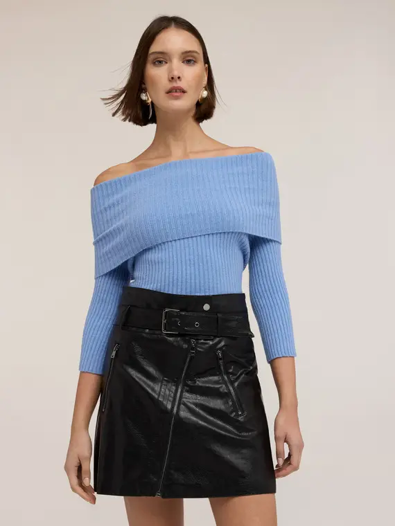 Maglia a coste off-shoulder in viscosa Donna, Azzurro miniatura 3