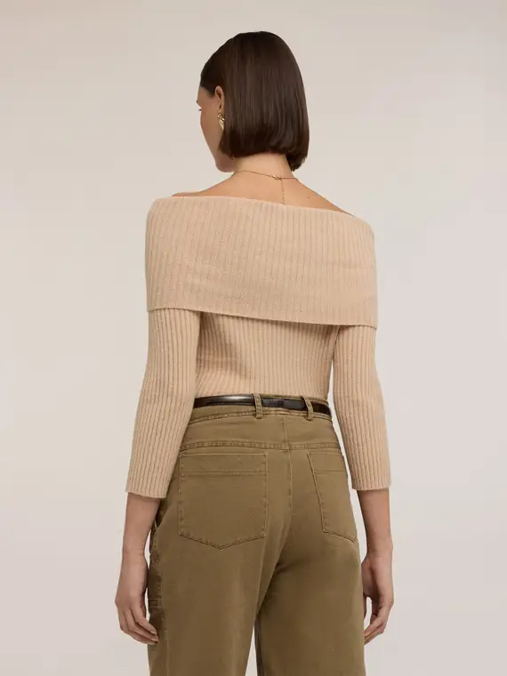 Maglia a coste off-shoulder in viscosa Donna, Beige miniatura 2