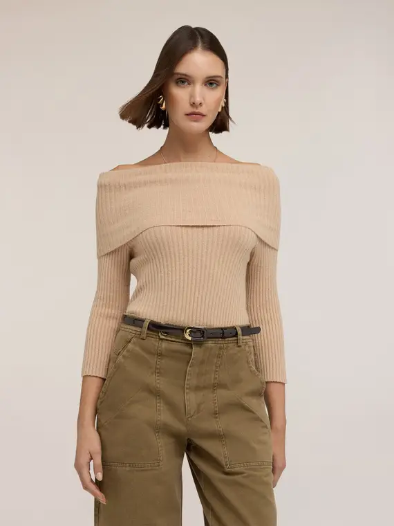 Maglia a coste off-shoulder in viscosa Donna, Beige miniatura 3