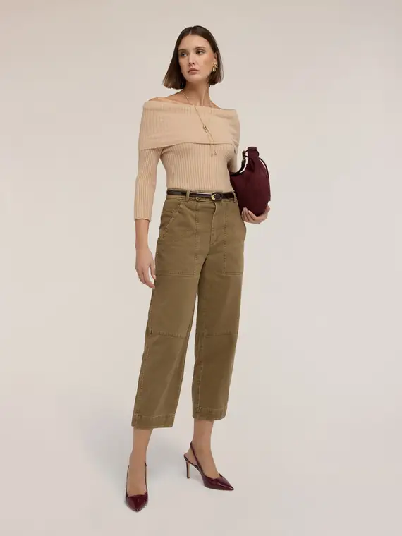 Maglia a coste off-shoulder in viscosa Donna, Beige