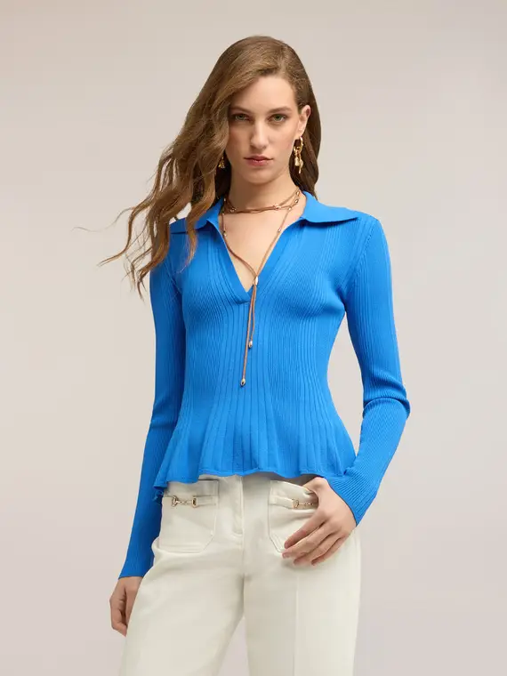 Maglia a righe con peplo Donna, Blu Navy miniatura 3