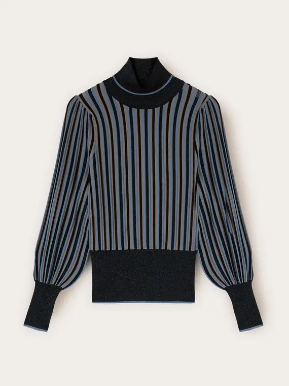 Maglia a righe lurex con maniche a sbuffo Donna
