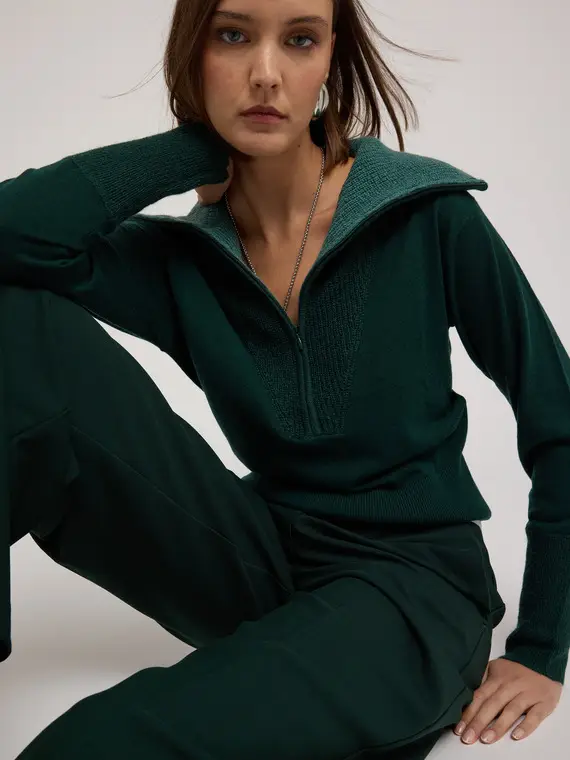 Maglia con colletto misto seta Donna, Verde miniatura 2