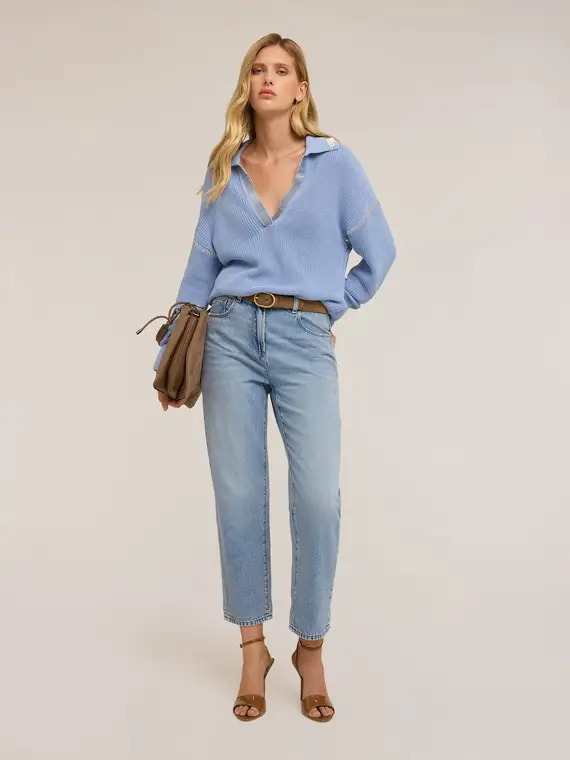 Maglia con colletto ricamato Donna, Azzurro