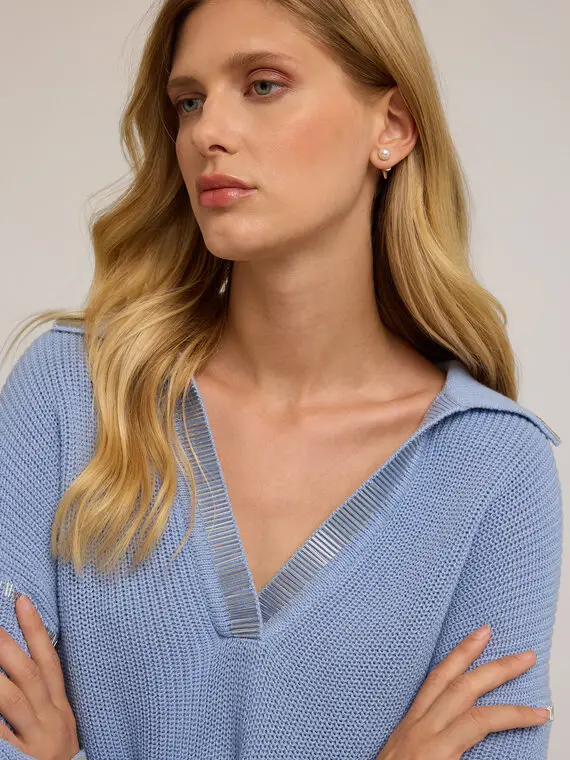 Maglia con colletto ricamato Donna, Azzurro miniatura 3