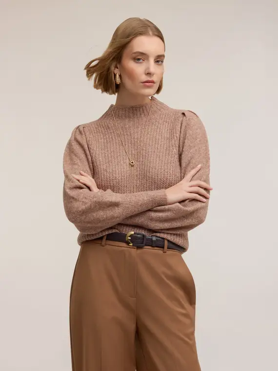 Maglia con maniche a palloncino Donna, Beige miniatura 3