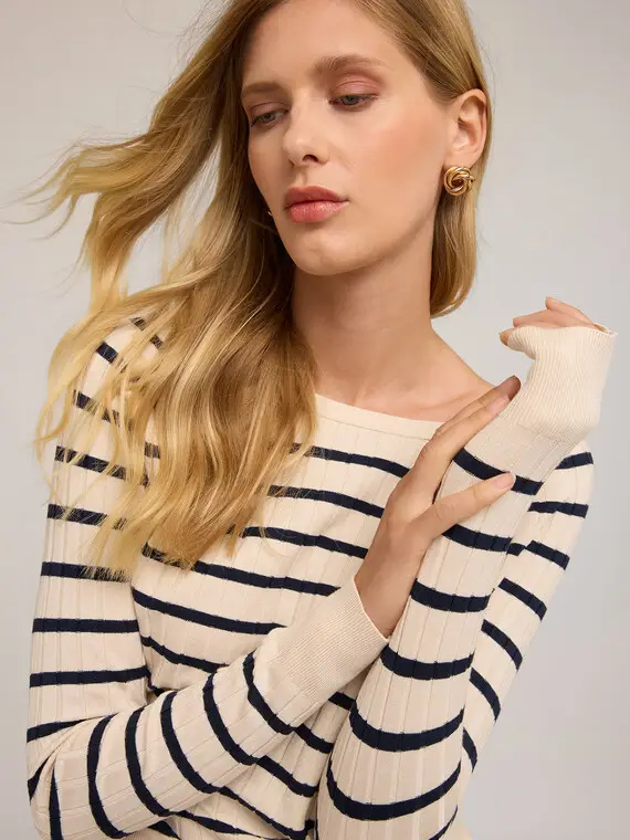 Maglia con scollo a barca in costa piatta Donna, Bianco