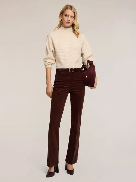 Maglia corta a coste con collo alto Donna, Beige miniatura 3