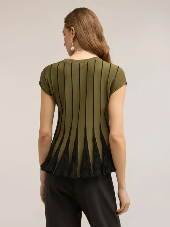 Maglia corta con lavorazione plissé Donna, Verde militare miniatura 2
