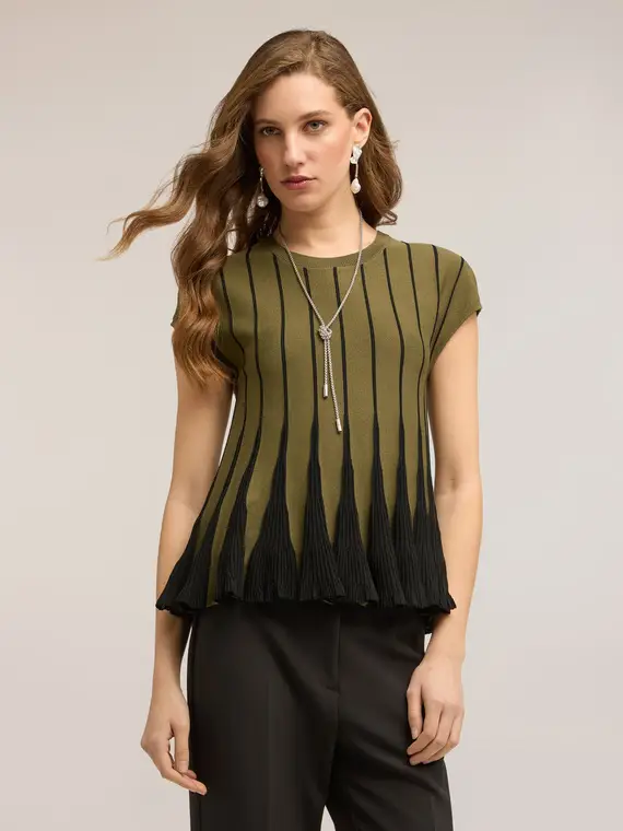 Maglia corta con lavorazione plissé Donna, Verde militare miniatura 3