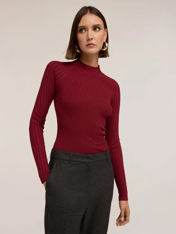 Maglia dolcevita a coste fitted Donna, Bordeaux miniatura 3