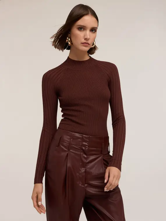 Maglia dolcevita a coste fitted Donna, Marrone miniatura 3