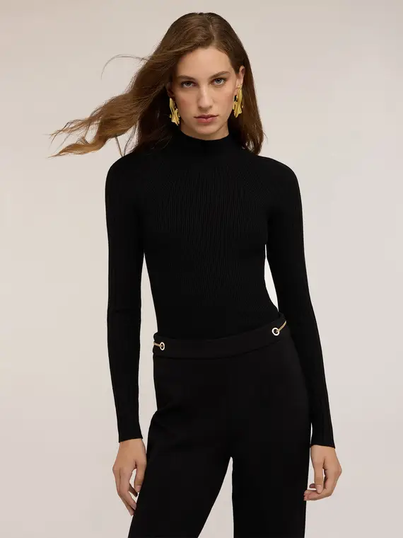 Maglia dolcevita a coste fitted Donna, Nero miniatura 3