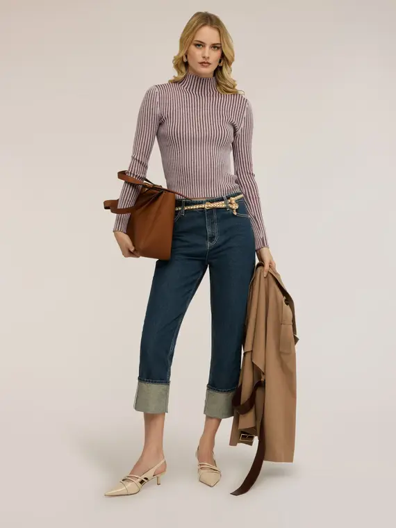 Maglia dolcevita a coste vanisé Donna, Viola miniatura 3