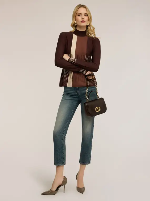 Maglia dolcevita a righe taglio peplo Donna, Marrone miniatura 3