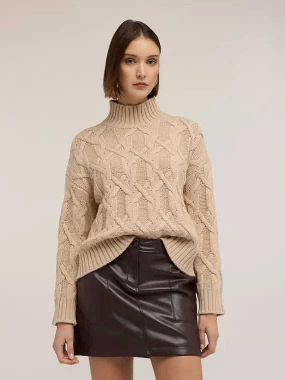 Maglia dolcevita a trecce in misto lana Donna, Beige miniatura 3