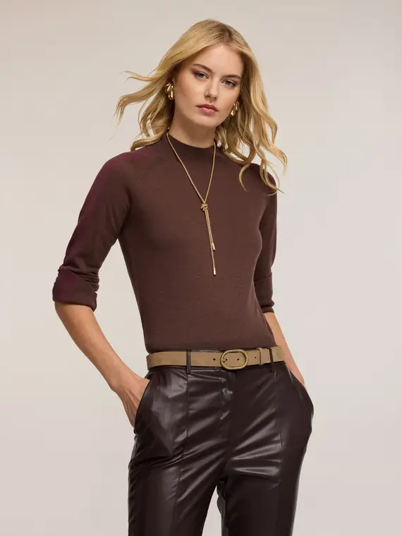 Maglia dolcevita bicolore in misto seta Donna, Marrone miniatura 3