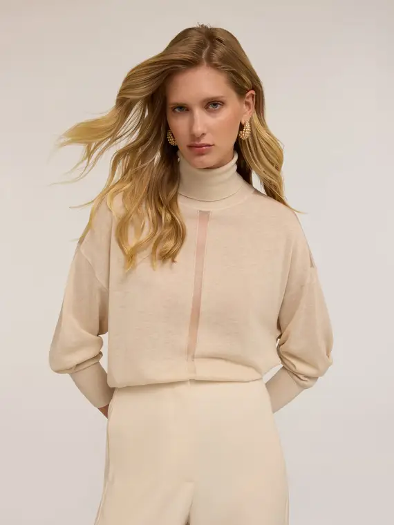 Maglia dolcevita con inserto trasparente Donna, Bianco