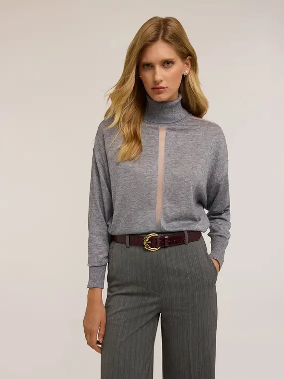 Maglia dolcevita con inserto trasparente Donna, Grigio miniatura 3