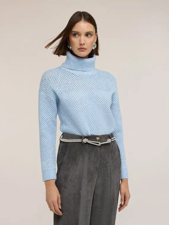 Maglia dolcevita con lavorazione a rete Donna, Azzurro miniatura 3