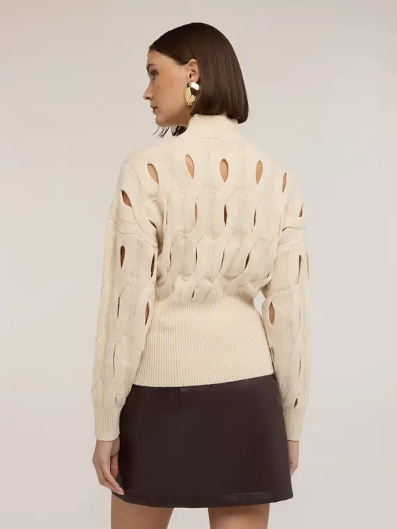 Maglia dolcevita traforata in misto lana Donna, Beige miniatura 2