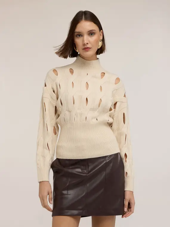 Maglia dolcevita traforata in misto lana Donna, Beige miniatura 3