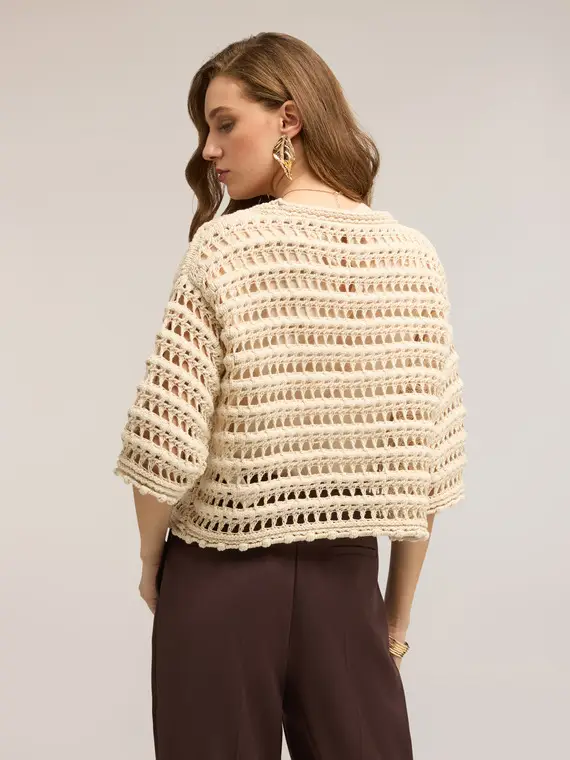 Maglia effetto crochet Donna, Beige miniatura 2