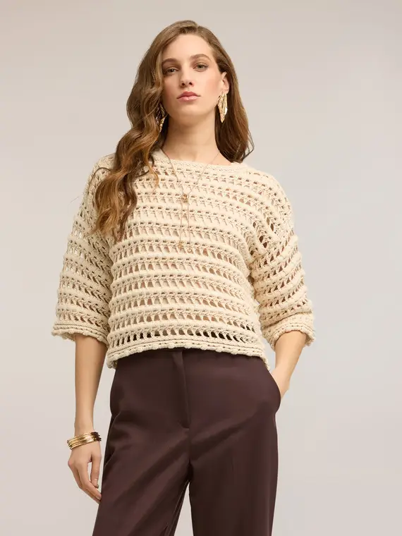 Maglia effetto crochet Donna, Beige miniatura 3