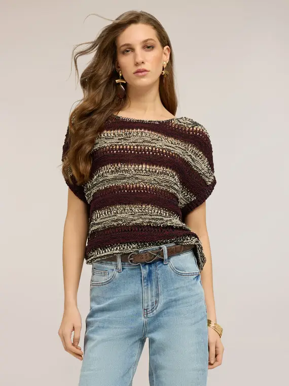 Maglia effetto traforato a righe Donna, Marrone miniatura 3