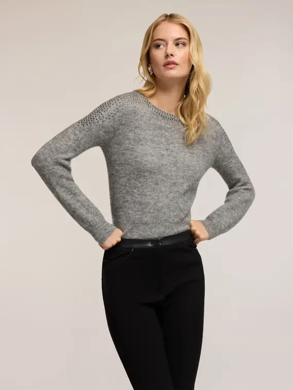 Maglia girocollo in mohair con borchie Donna, Grigio