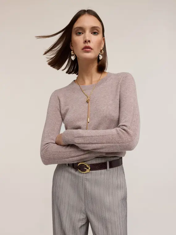 Maglia in cachemire con maniche a coste Donna, Beige miniatura 3