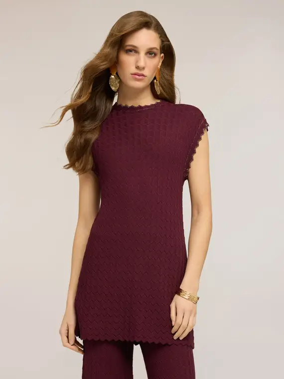 Maglia in misto viscosa con lavorazione pizzo Donna, Bordeaux miniatura 3