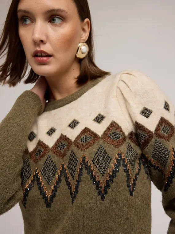 Maglia jacquard con maniche a palloncino Donna, Verde militare miniatura 3