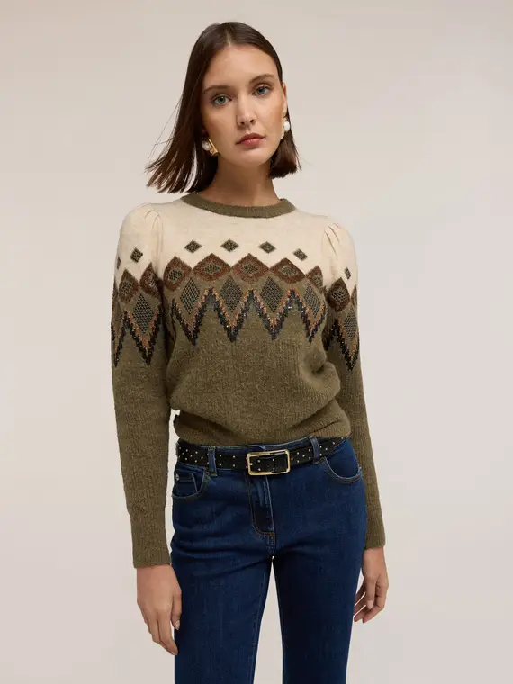 Maglia jacquard con maniche a palloncino Donna, Verde militare