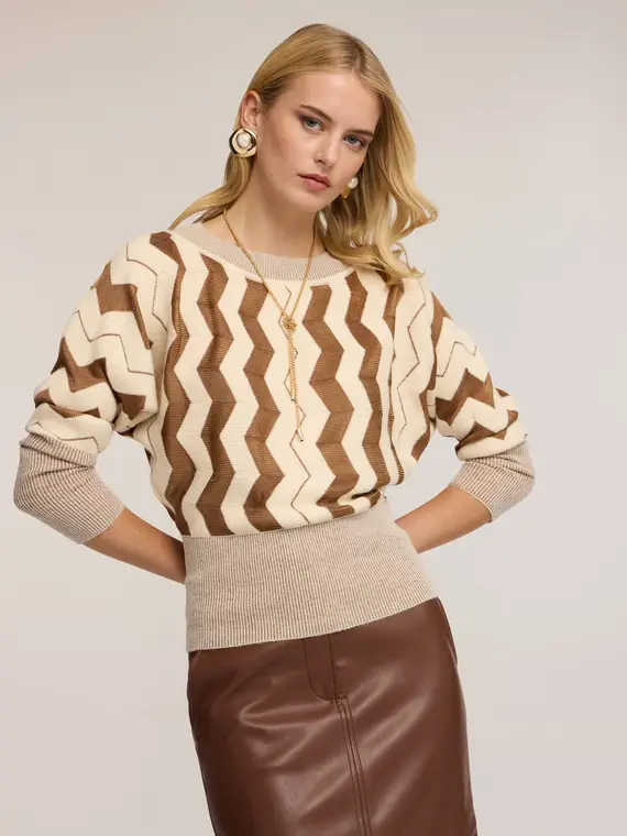 Maglia jacquard con motivo geometrico Donna, Beige