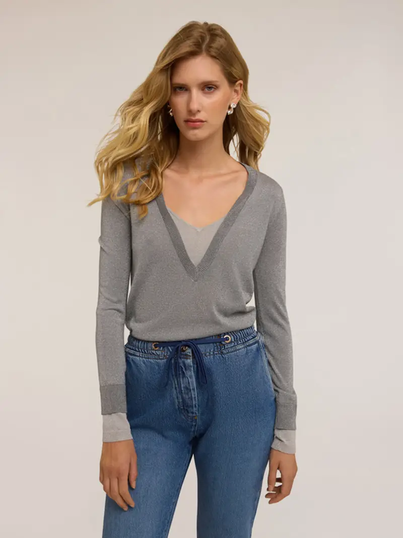 Maglia lurex con inserti Donna, Grigio