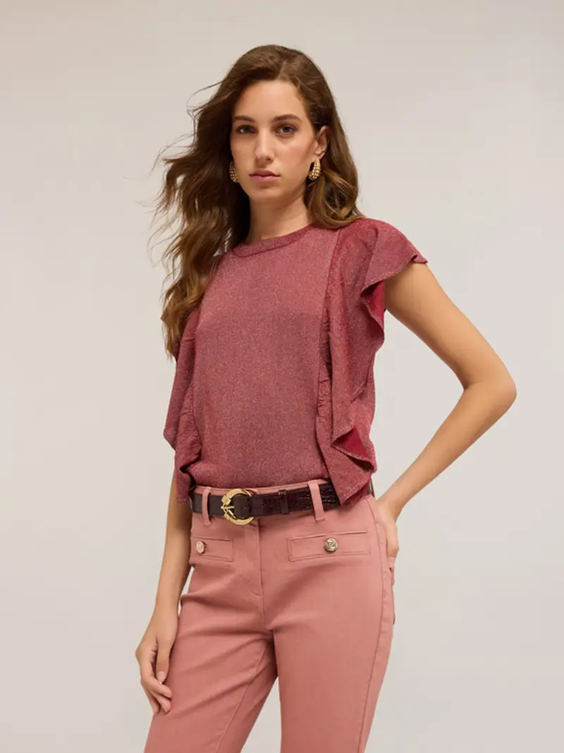 Maglia lurex con volants laterali Donna, Bordeaux