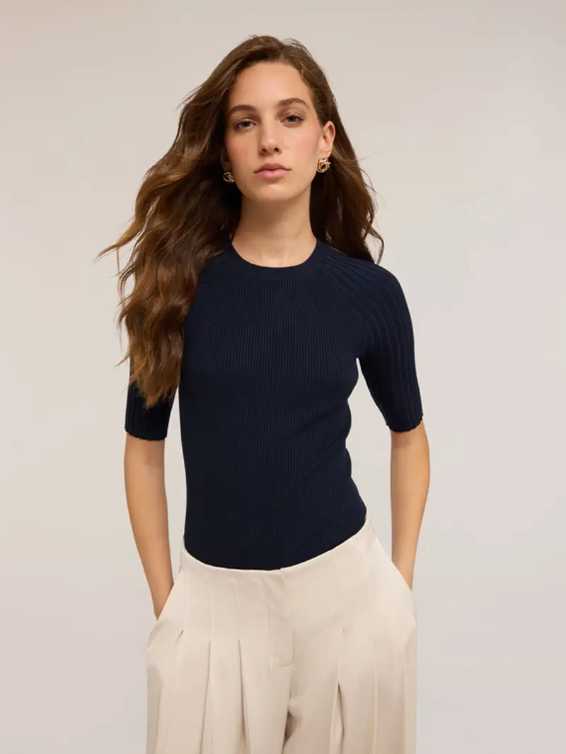 Maglia maniche corte lavorata a coste Donna, Blu