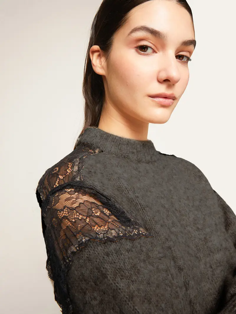 Motivi Maglia melangé con inserti in pizzo Donna, Grigio, Taglia M miniatura 2