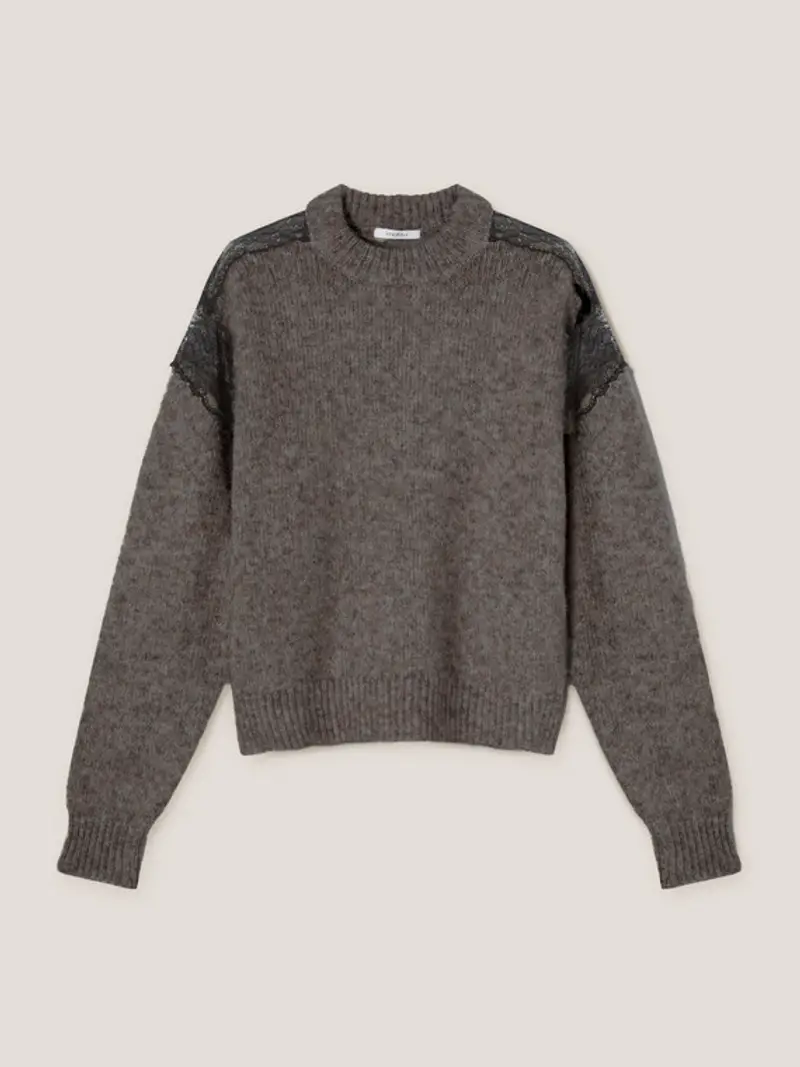 Motivi Maglia melangé con inserti in pizzo Donna, Grigio, Taglia M miniatura 3