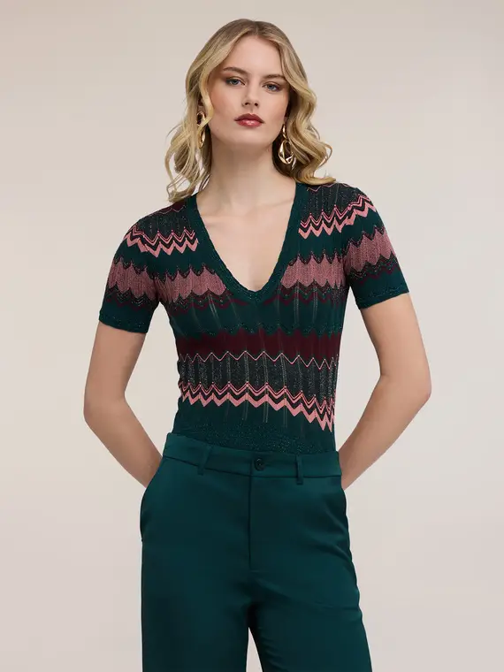 Maglia misto lurex fantasia chevron Donna, Verde
