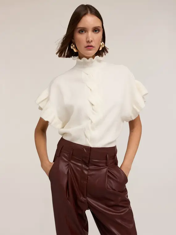 Maglia over con treccia e volant Donna, Bianco miniatura 3