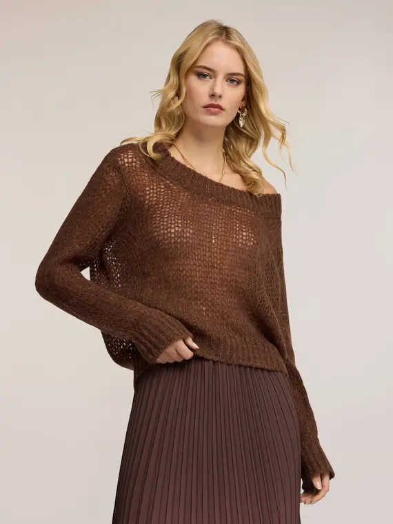 Maglia oversize traforata in mohair Donna, Marrone