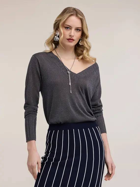 Maglia scollo a v in filato lurex Donna, Grigio miniatura 3