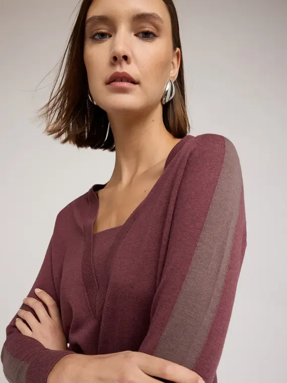 Maglia scollo a V in misto seta Donna, Bordeaux miniatura 3