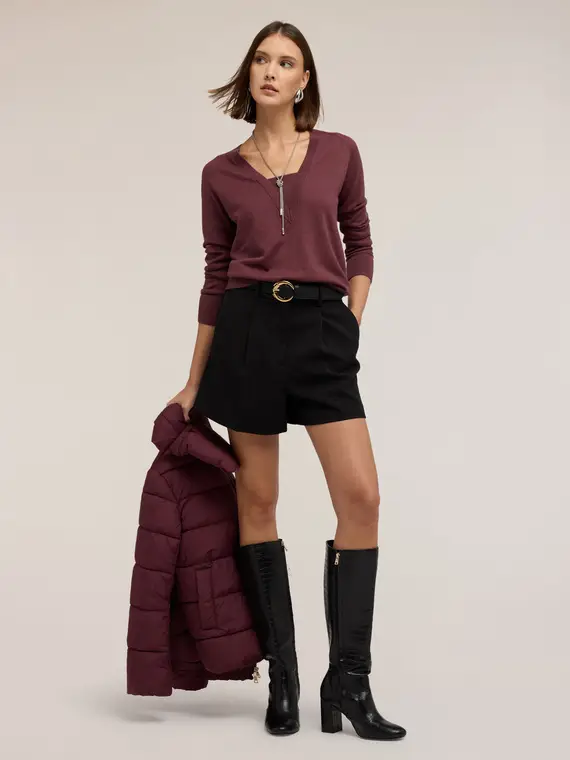 Maglia scollo a V in misto seta Donna, Bordeaux